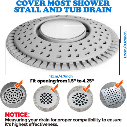 Shower Drain Hair Catcher Silicone Flat Floor Strainer Protector | 2 Pack Gray Weighted Flat Shower Drain Protectors, Traps Hair Before Clogs, Easy to Clean in Seconds, Fits Flat Floor Drains
