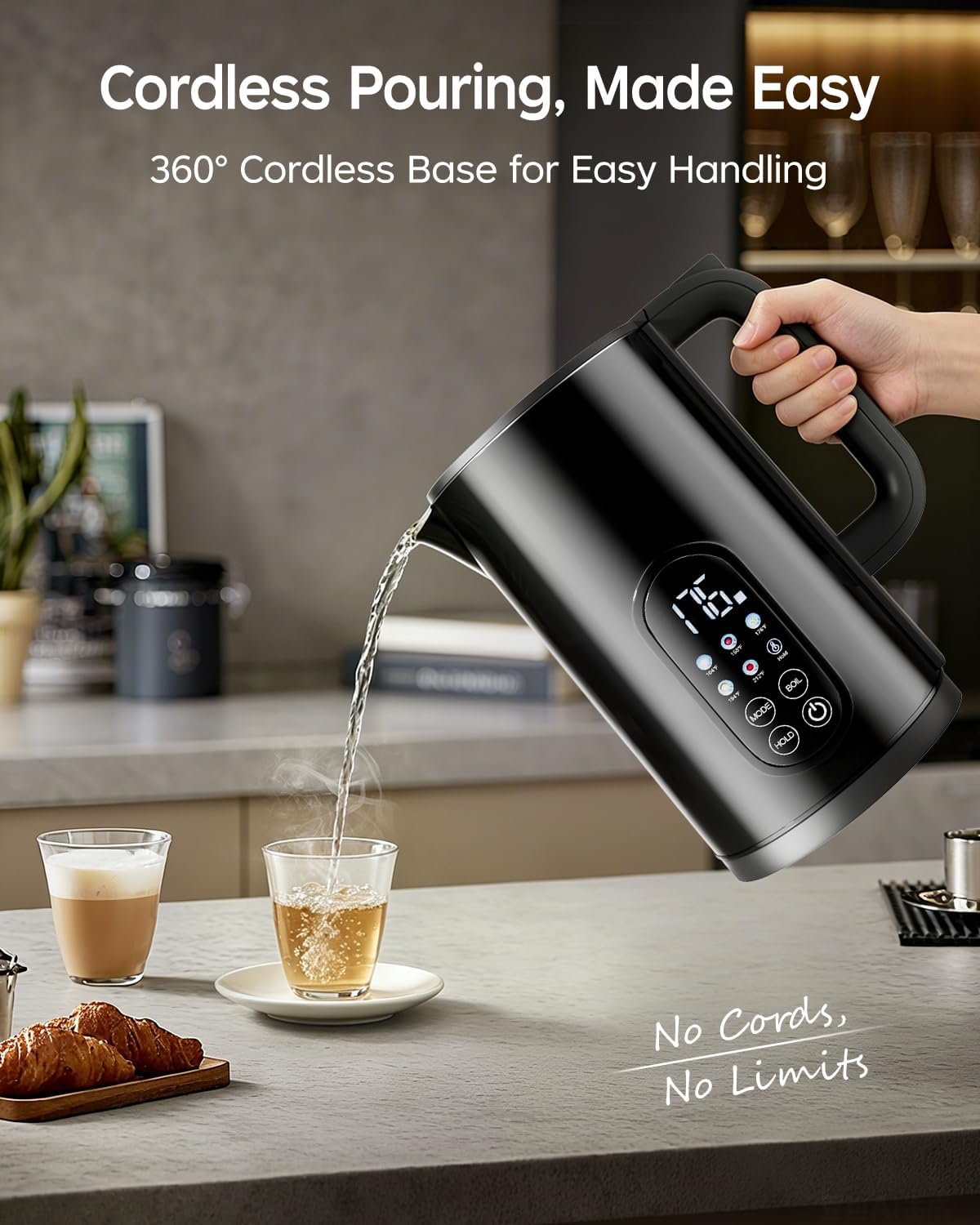 1.7L Stainless Steel Electric Kettle with Temperature Control–Black