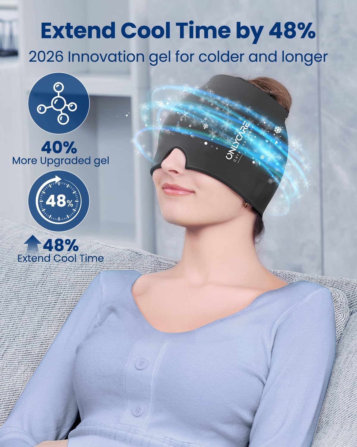 ONLYCARE Migraine Relief Cap, Headache Relief Cold Cap with Odorless Gel | Cooling Hat Head Wrap Soothing Face Ice Pack Mask Products for Tension Stress Hangover & Puffy Eyes, Relaxing Gifts for Women