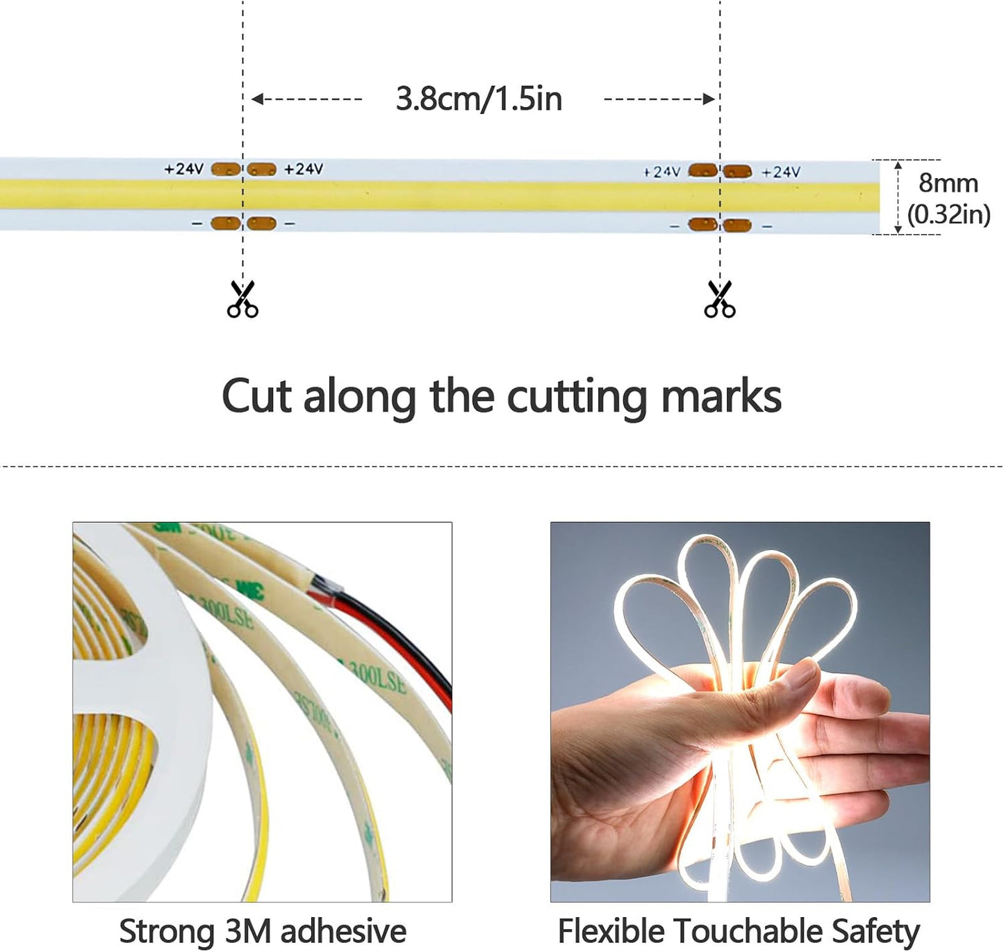 GOMING Motion Sensor COB LED Light Strip 16.4ft(5M) Cool White 6000K | 3 Lighting Modes 3 Timing Off Modes 3 Brightness Modes with Power Adapter for Kitchen Cabinets Stair Showcase Bedroom Bed