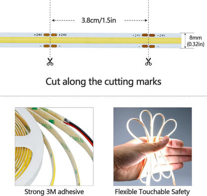 GOMING Motion Sensor COB LED Light Strip 16.4ft(5M) Cool White 6000K | 3 Lighting Modes 3 Timing Off Modes 3 Brightness Modes with Power Adapter for Kitchen Cabinets Stair Showcase Bedroom Bed