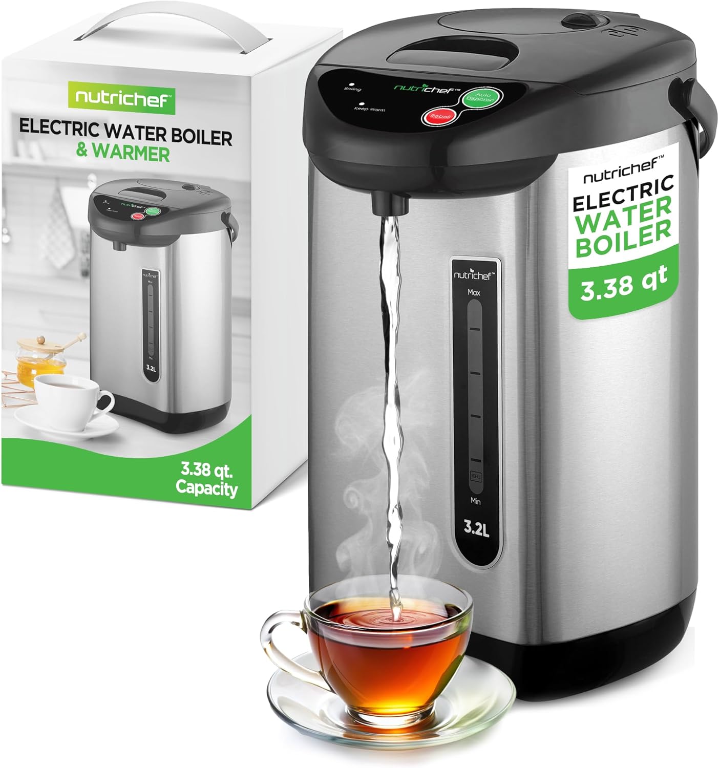 NutriChef 5.2 Qt Electric Water Kettle, Portable, Quick Heating, 5 Liter Digital Kettle with 5 Temperature Settings, Safety Lock, Stainless Steel, 3 Dispensing Options, 8.46" x 11.2" x 16.5"