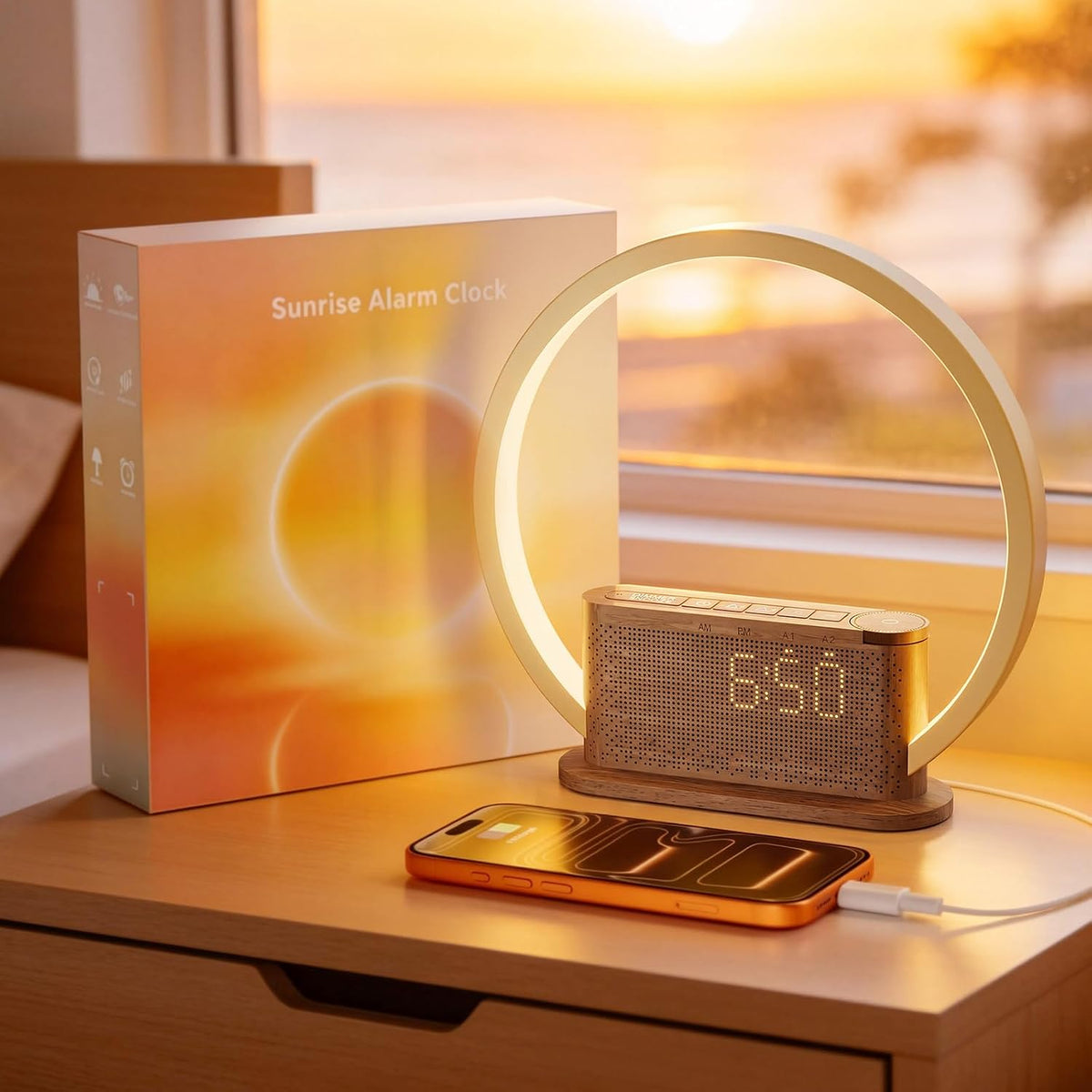 Wood Grain Alarm Clock with Sunrise Lamp & White Noise Sound Machine