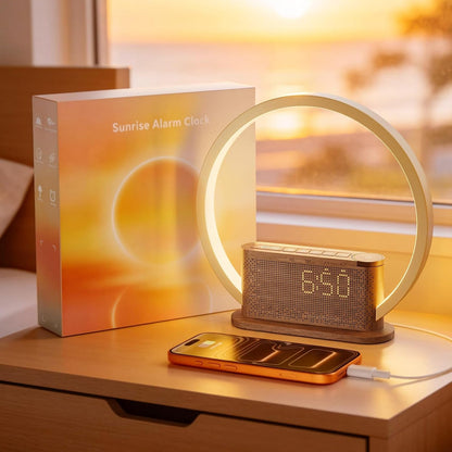 Wood Grain Alarm Clock with Sunrise Lamp & White Noise Sound Machine