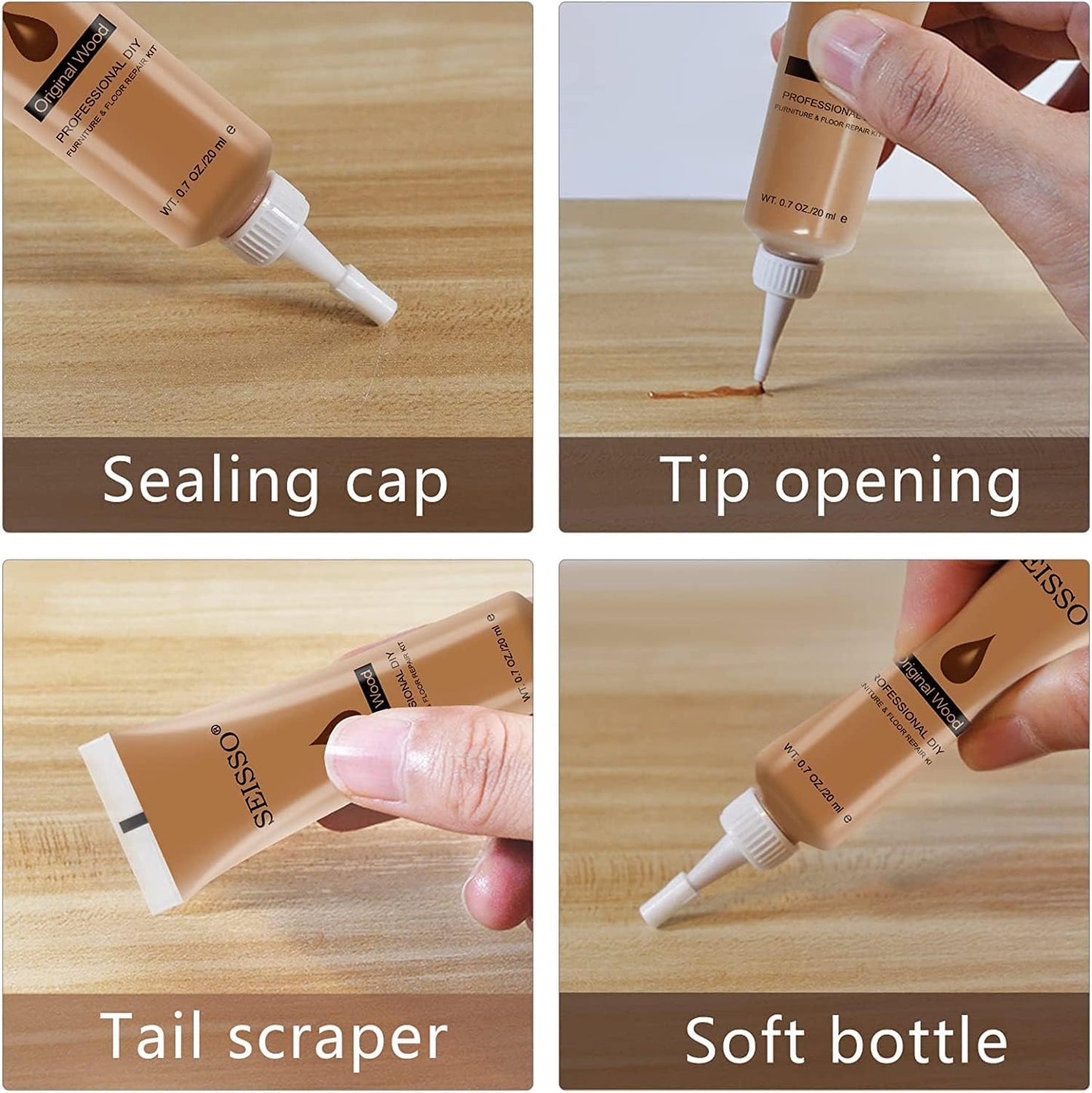 SEISSO Furniture Repair Kit - Set of 42 - Wood Repair Kit Wood Fillers, Furniture Scratch Repair Markers and Wax Sticks with Scraper, Brushes, for Scratches, Stains, Wood Floor, Laminate, Cabinet
