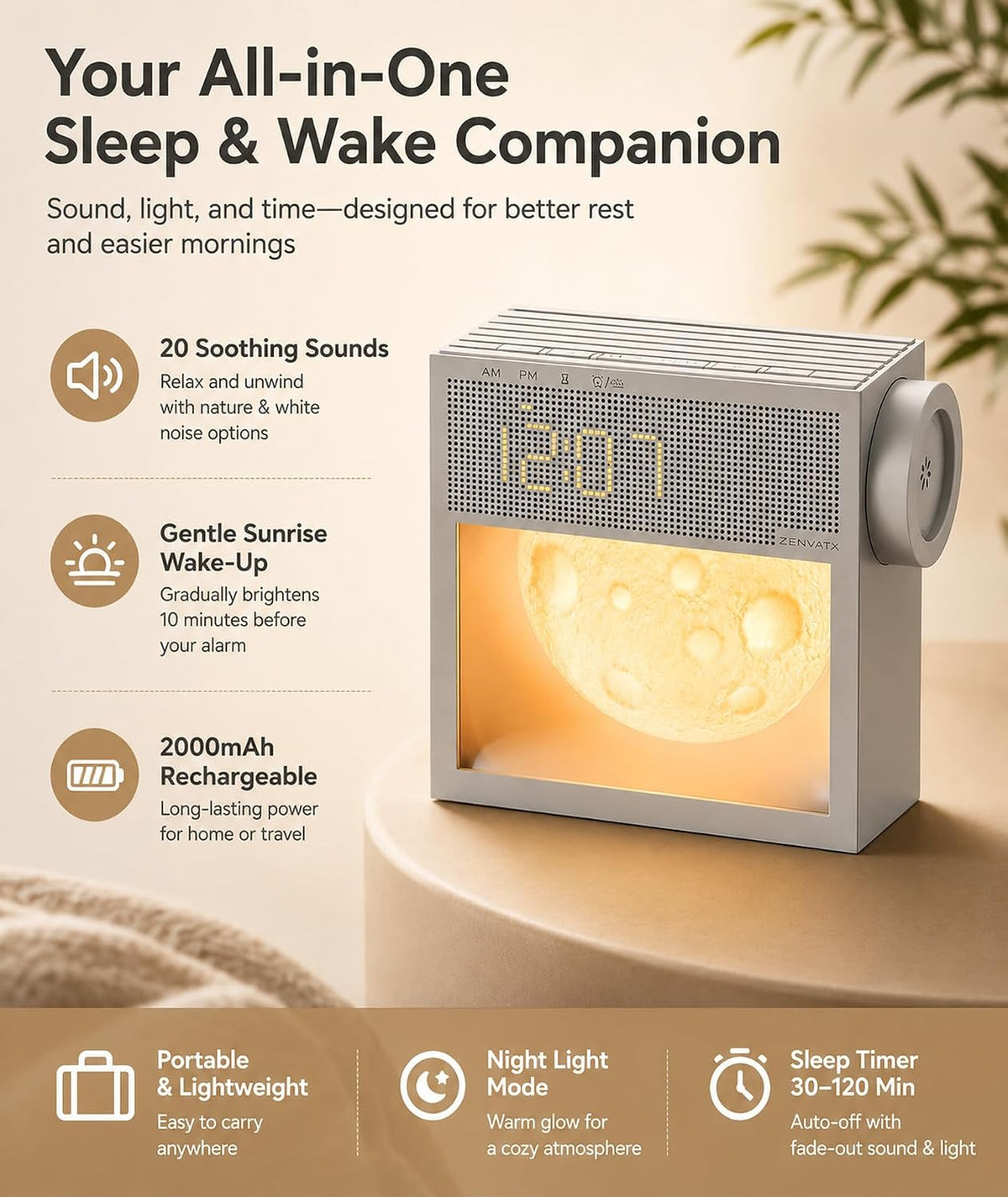 Rechargeable Sunrise Alarm Clock with Sound Machine and Night Light