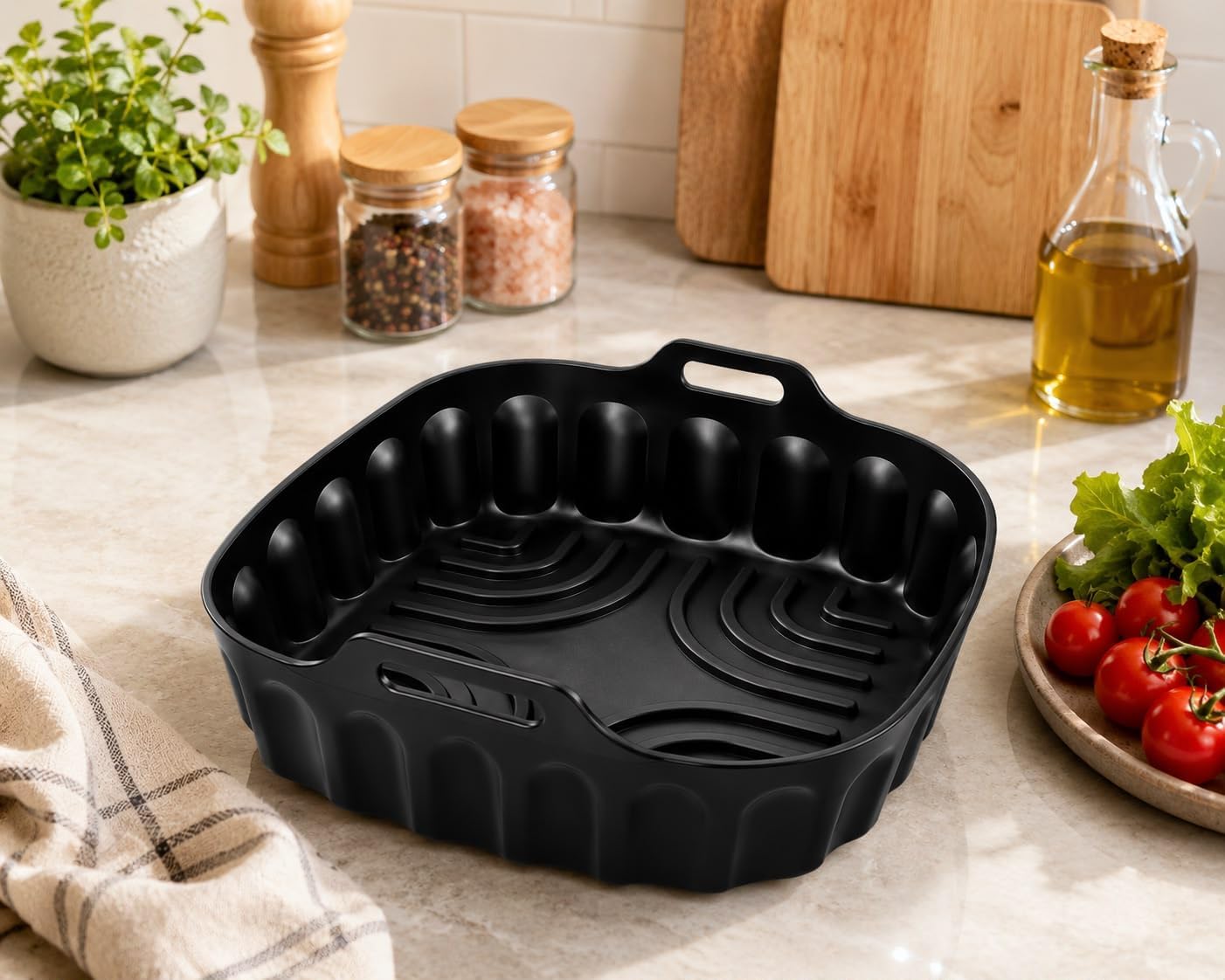 HBH Enterprises Silicone Air Fryer Liner for 5–6 QT Air Fryers, Reusable Food Grade Silicone Basket, Non-Stick, Dishwasher Safe, Heat Resistant to 450°F, Air Fryer Accessory, Black