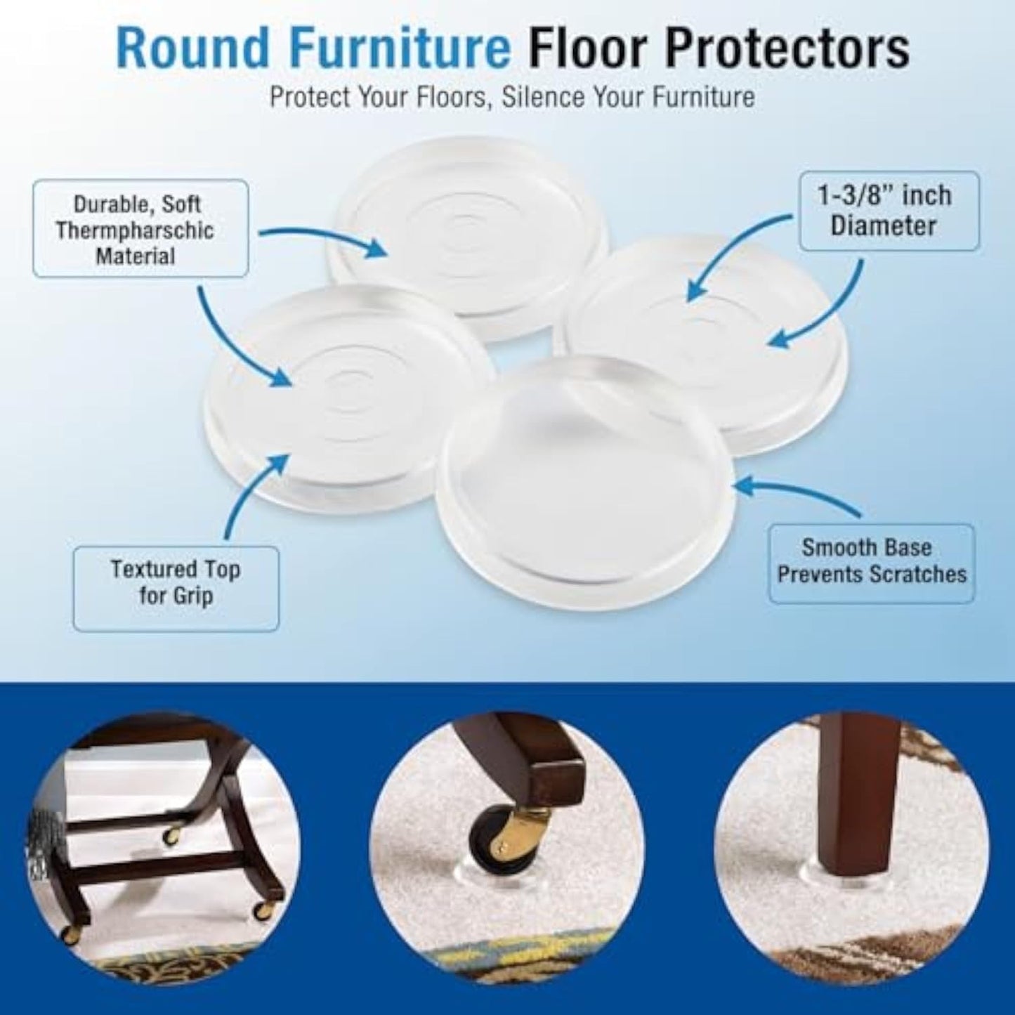 SoftTouch 1-3/8" Round Reusable Furniture Caster Cups for Couches, Chairs, Tables on Carpet or Hard Surfaces, Furniture Wheel Caster Cups with Vinyl Base, Set of 12, Clear