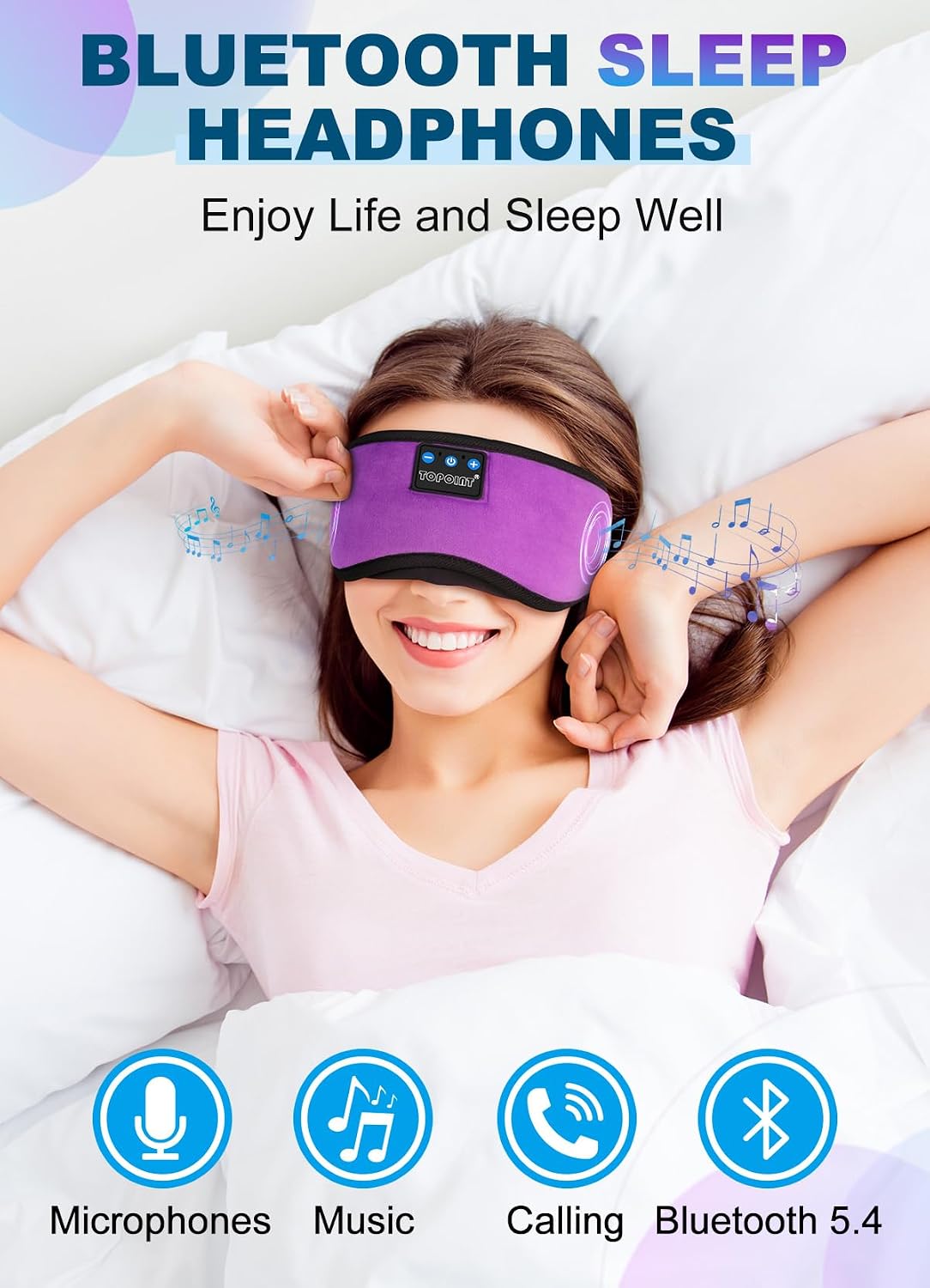 TOPOINT Sleep Mask Headphones Bluetooth Wireless 5.4, Breathable Cotton Eye Mask for Sleeping Side Sleepers Travel Music Headsets with Microphone Handsfree Men Women