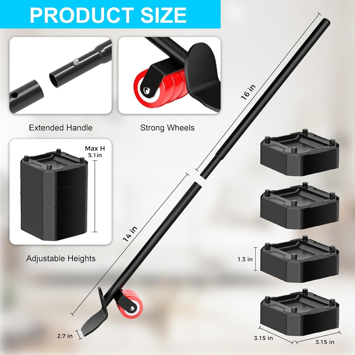 LOYAL TIGER Heavy Furniture Lifter Tool Set with 4 Raise Blocks,Red | Heavy Duty Furniture Lifter Tool for Moving Sofas, Refrigerator & Appliances Quickly. 800 Lbs Load Capacity.