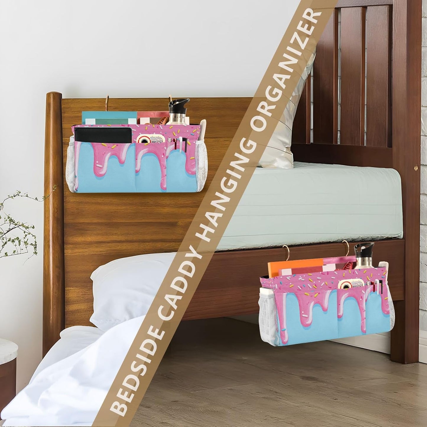 Bedside Caddy Hanging Bunk Bed Caddy Bed Organizer Hanging Pocket with 2 Hooks Bedside Storage Organizer Pocket Bag Holder Checkered Light Green - Colors B