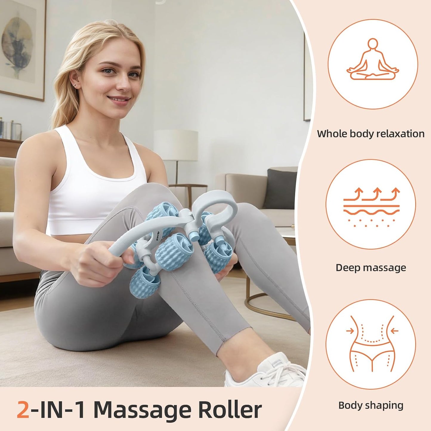 Abahub Manual Massage Roller, Cellulite Massage Roller for Men Women, Home Gym Deep Fascia Massager, 2-in-1 Relieve Muscle Soreness Massager for Arm, Thigh, Back & Shoulder, Pink