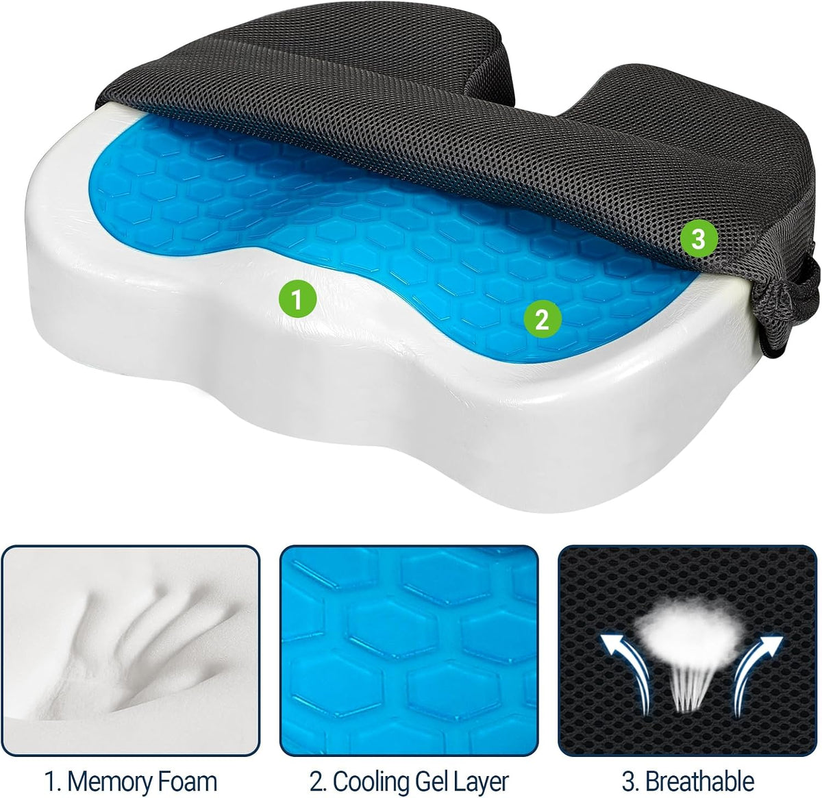 Season Guard Gel Memory Foam Seat Cushion for Tailbone Pain Relief, Black