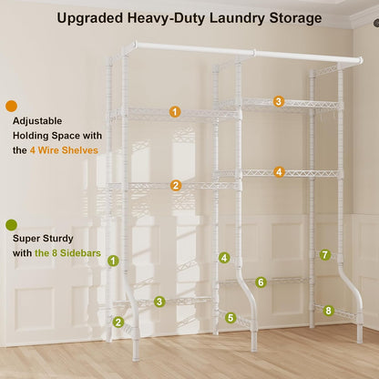 U14 Over Washer and Dryer Storage Shelves, 4 Tiers Laundry Room Storage and Organizer System, Space Saving Clothes Drying Rack with 2 Clothes Hanger Rods, 66.5" W x 20.5" D x 77.4" H, Black