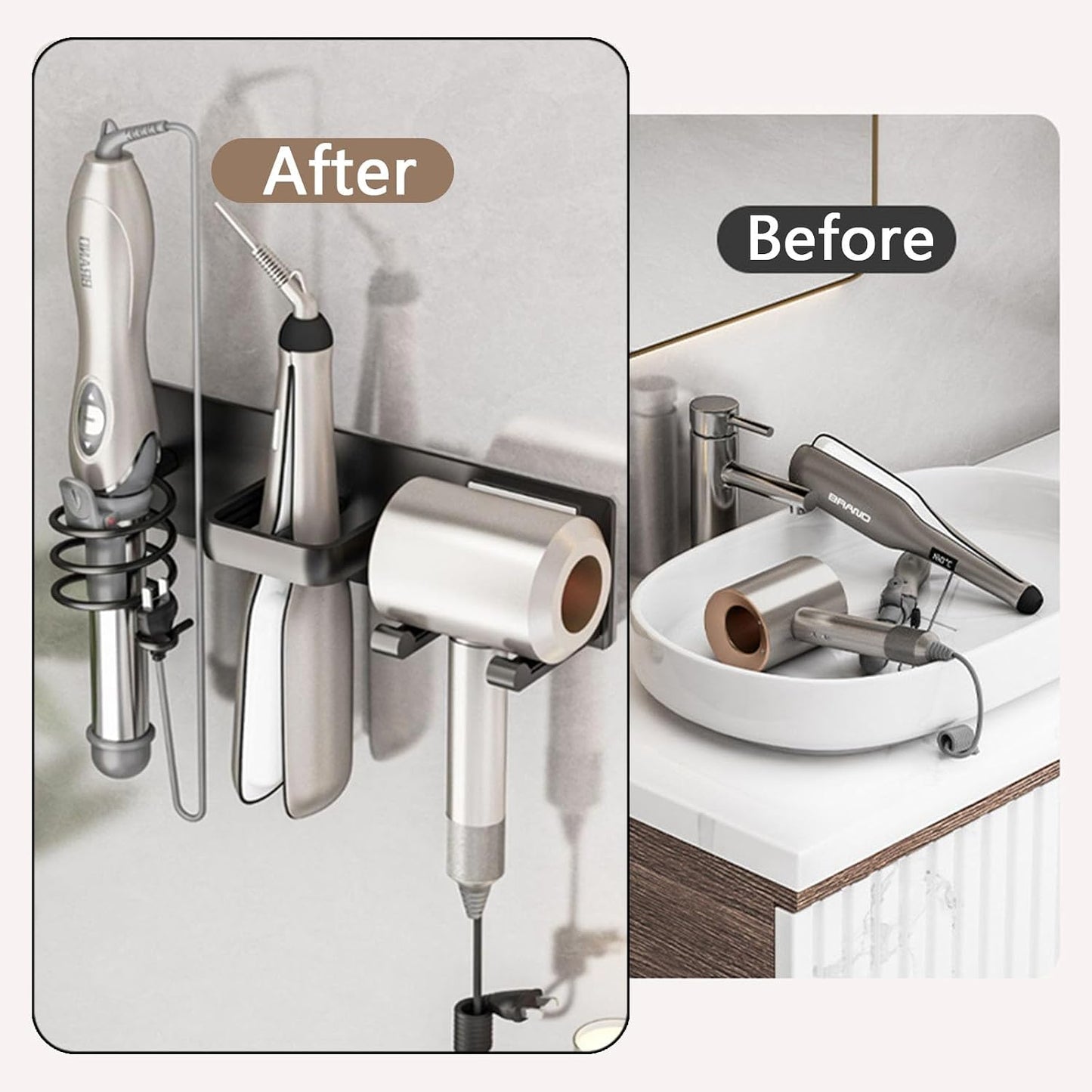 Universal Hair Dryer Holder, Self Adhesive Wall Mount, White | Universal storage rack fits most brand blow dryers, ideal for bathroom organization