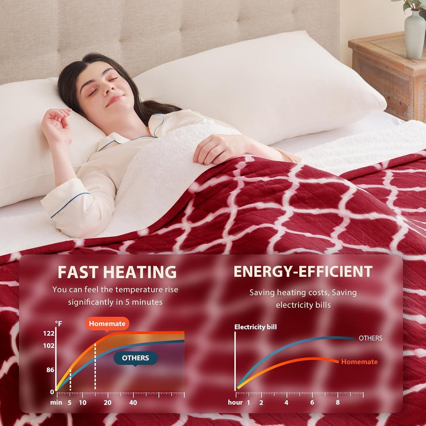 Homemate Heated Blanket Electric Throw - 50“x60“ Heating Blanket with 10 Fast Heat Levels 8 Hours Auto Off Soft Cozy Flannel Over-Heated Protection ETL Certification Keep Warming in Home | Throw with 10 Fast Heat Levels 8 Hours Auto Off Over-Heated