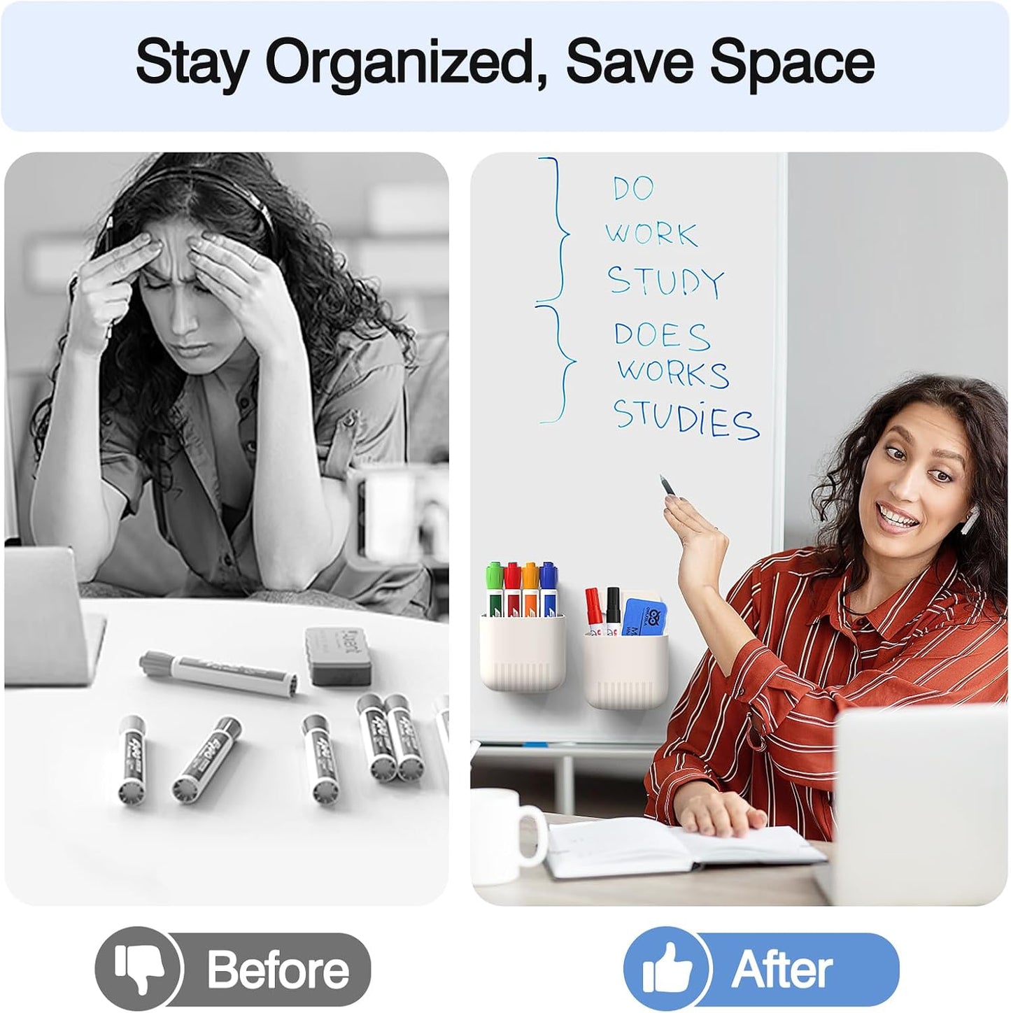 MoKo Magnetic Pen Holder, Pencil Accessories Whiteboard Organizer, White | Magnetic dry erase marker holder has two compartments and an ABS body for whiteboards, refrigerators and lockers.