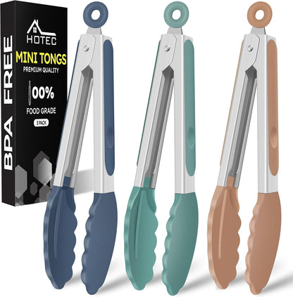 Hotec Mini Silicone Kitchen Tongs for Cooking - 7-Inch Small Serving Tongs with Silicone Tips, Set of 3 (Black,Grey,Light Blue)