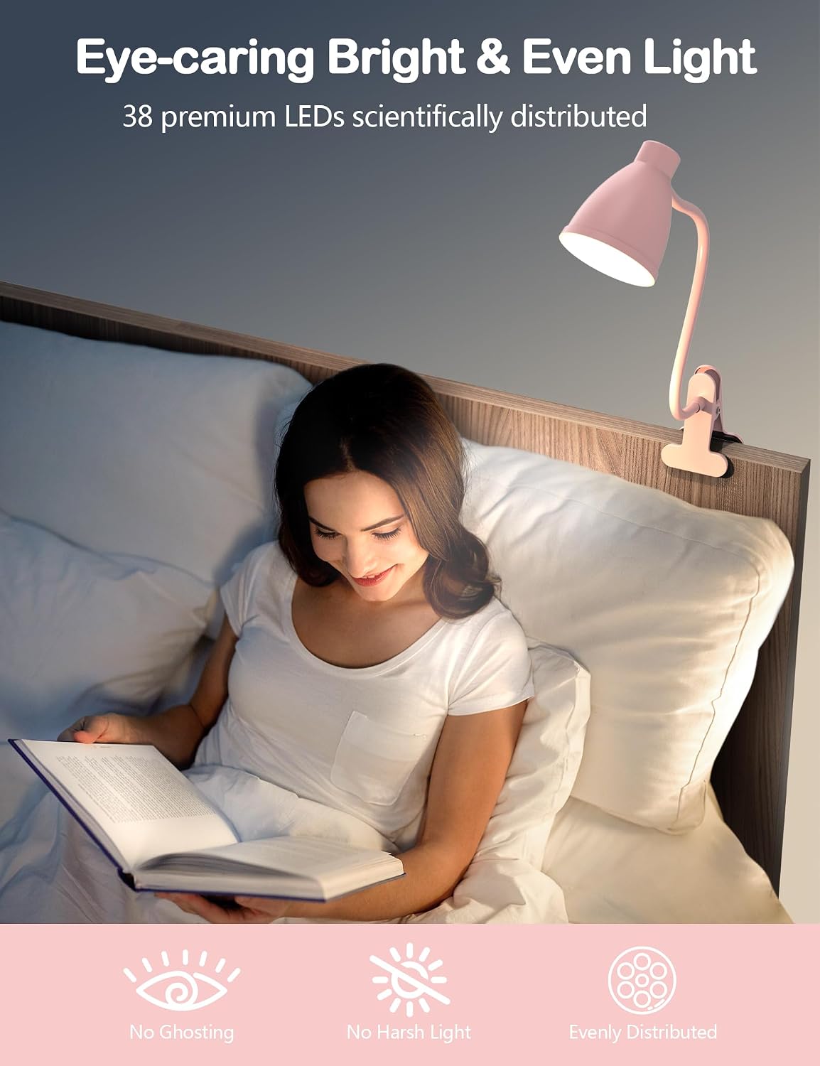 BOHON Desk Lamp 5 Color Modes 10 Brightness Dimmer Reading Light Black | 10W 38 LED Clamp Lamp with Auto Off Timer 360° Flexible Neck Clip on Light for Bed Bedside, AC Adapter Include