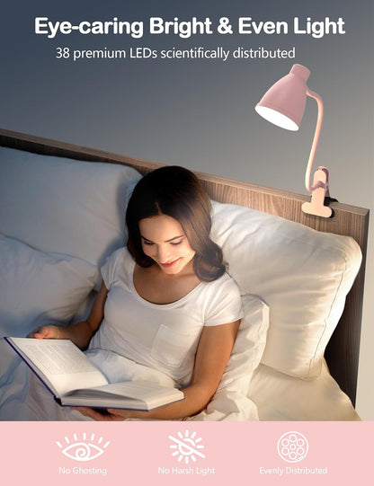 BOHON Desk Lamp 5 Color Modes 10 Brightness Dimmer Reading Light Black | 10W 38 LED Clamp Lamp with Auto Off Timer 360° Flexible Neck Clip on Light for Bed Bedside, AC Adapter Include