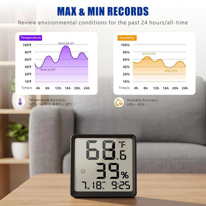 Room Hygrometer Indoor Thermometer for Home, Black | Small Digital Temperature Humidity, Comfort Indicator, Digital Clock & Calendar, Desktop Humidity Meter, Compact Size