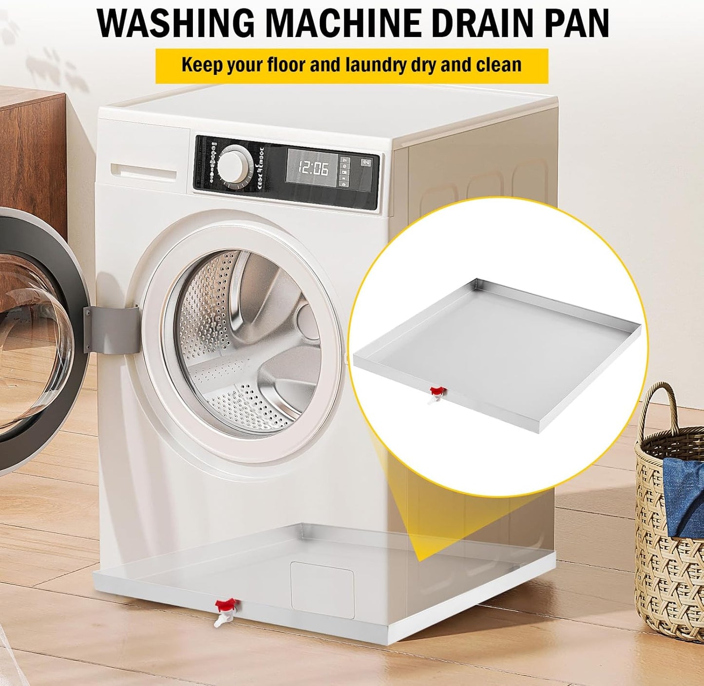 28" x 30" Washing Machine Drain Pan with Drain Hole & Hose Adapter, 304 Stainless Steel Heavy Duty Washer Drip Tray with 4 Anti-Vibration Feet for Compact Washers