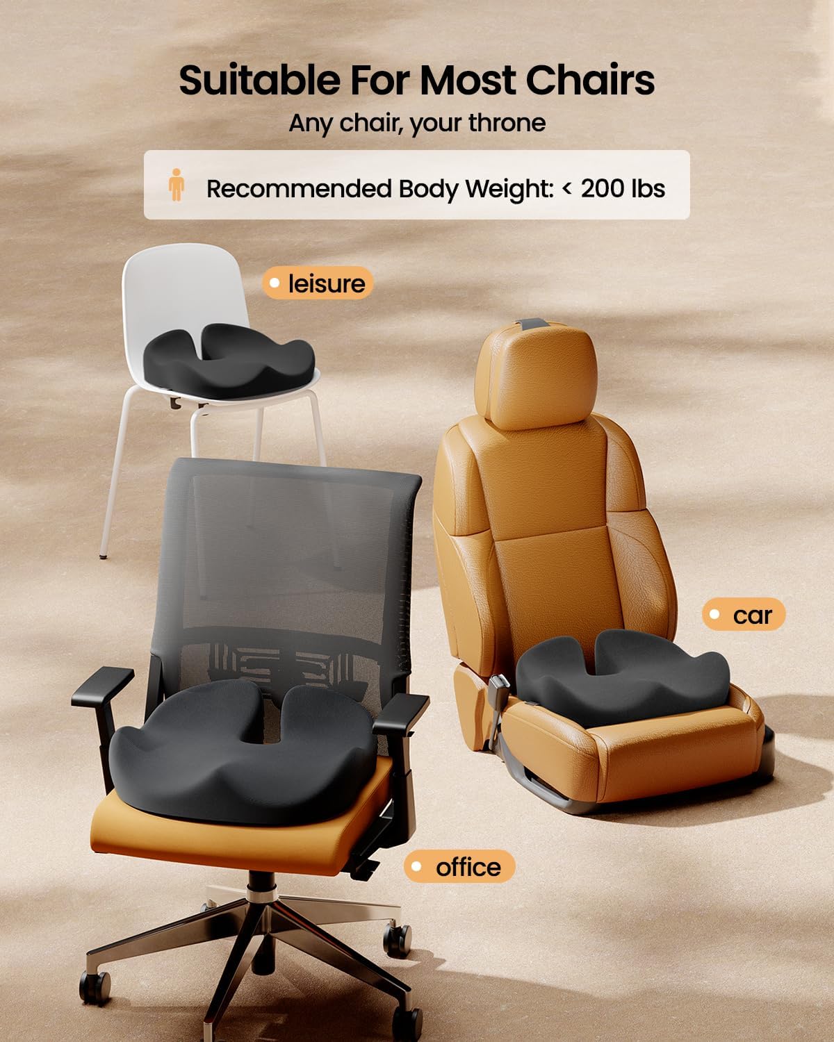 ProtoArc Seat Cushion, Office Chair Cushion for Sciatica, Black | Coccyx Cushion, Ergonomic Memory Foam Seat Cushion for Car, Home, Pressure Relief Pad for Hip, Tailbone, All Day Comfort