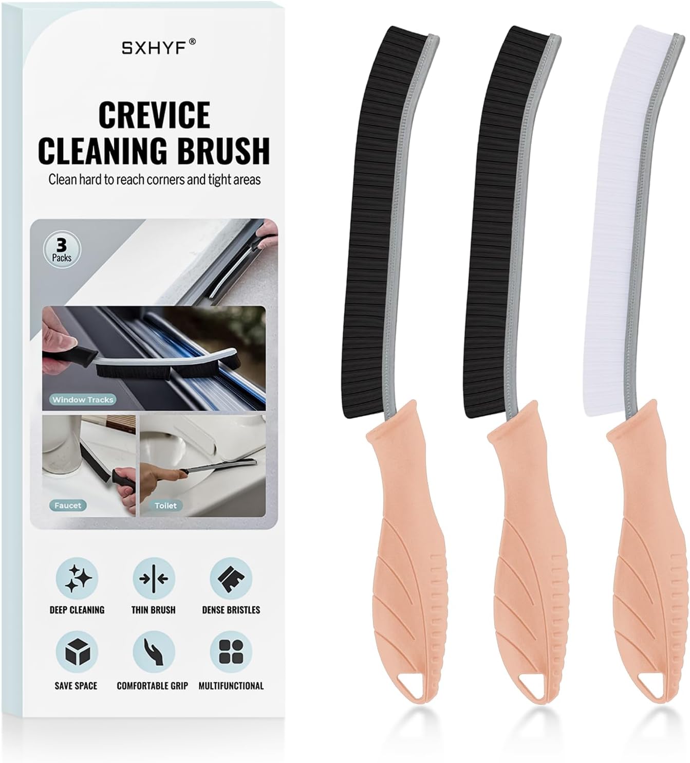 SXhyf Crevice Cleaning Brush - Grout Scrub Brush, House Cleaning Supplies | Small Brushes for Cleaning, Hard Bristle Tile Grout Brush Gap Cleaning Tool for Household Use, Bathroom, Kitchen (3pcs)