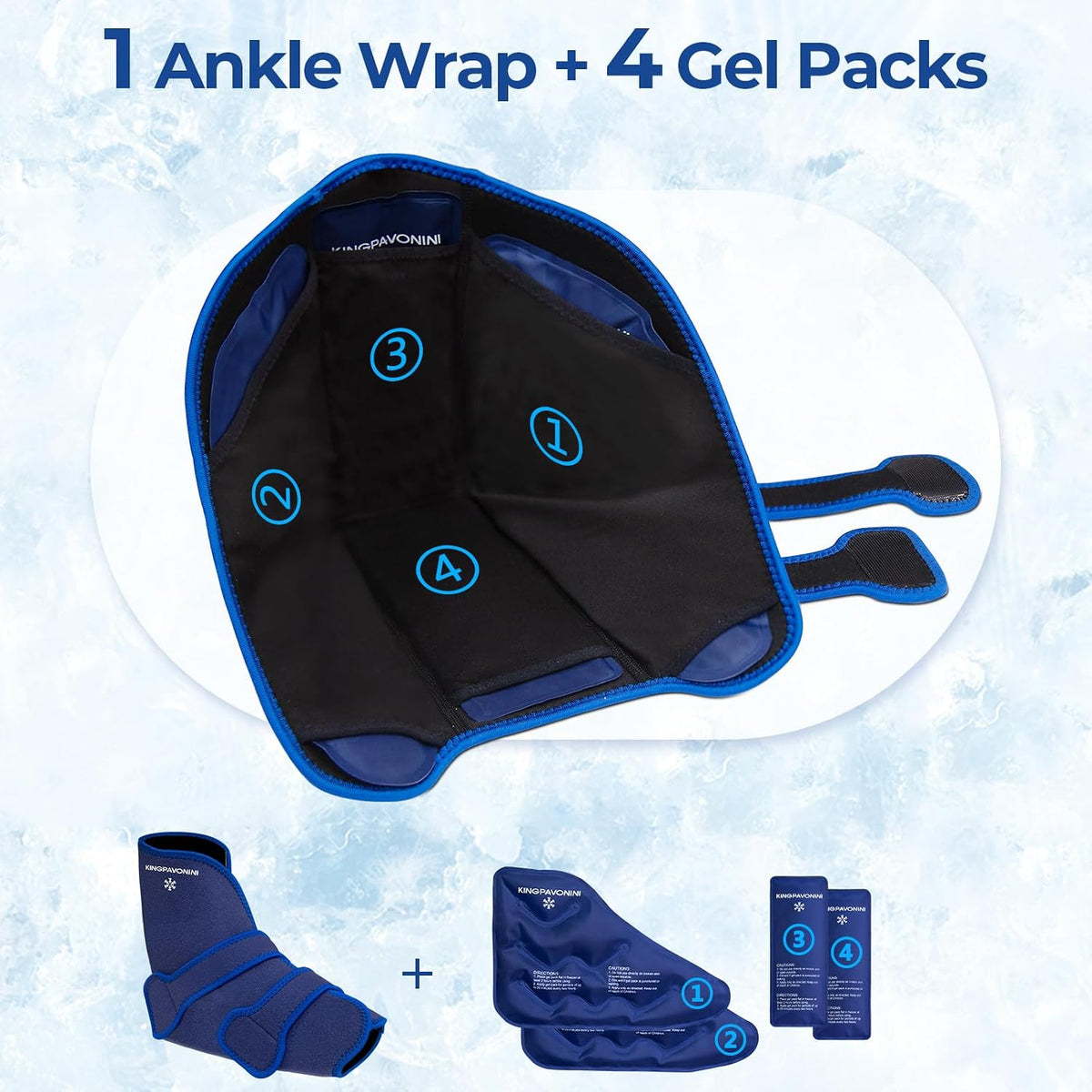 KingPavonini Ankle Foot Ice Pack Wrap, XL, Blue, 1 Wrap + 4 Gel Packs