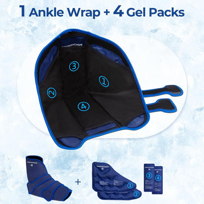 KingPavonini Ankle Foot Ice Pack Wrap, XL, Blue, 1 Wrap + 4 Gel Packs