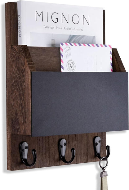 Key and Mail Holder for Wall Mount, Mail Holder with Chalkboard | Mail Organizer with 2 Slot, Key Holder with 3 Sturdy Hooks for Coat, Dog Leash, Decorative Key Rack (8.86”W x 11.42”H x 3”D)