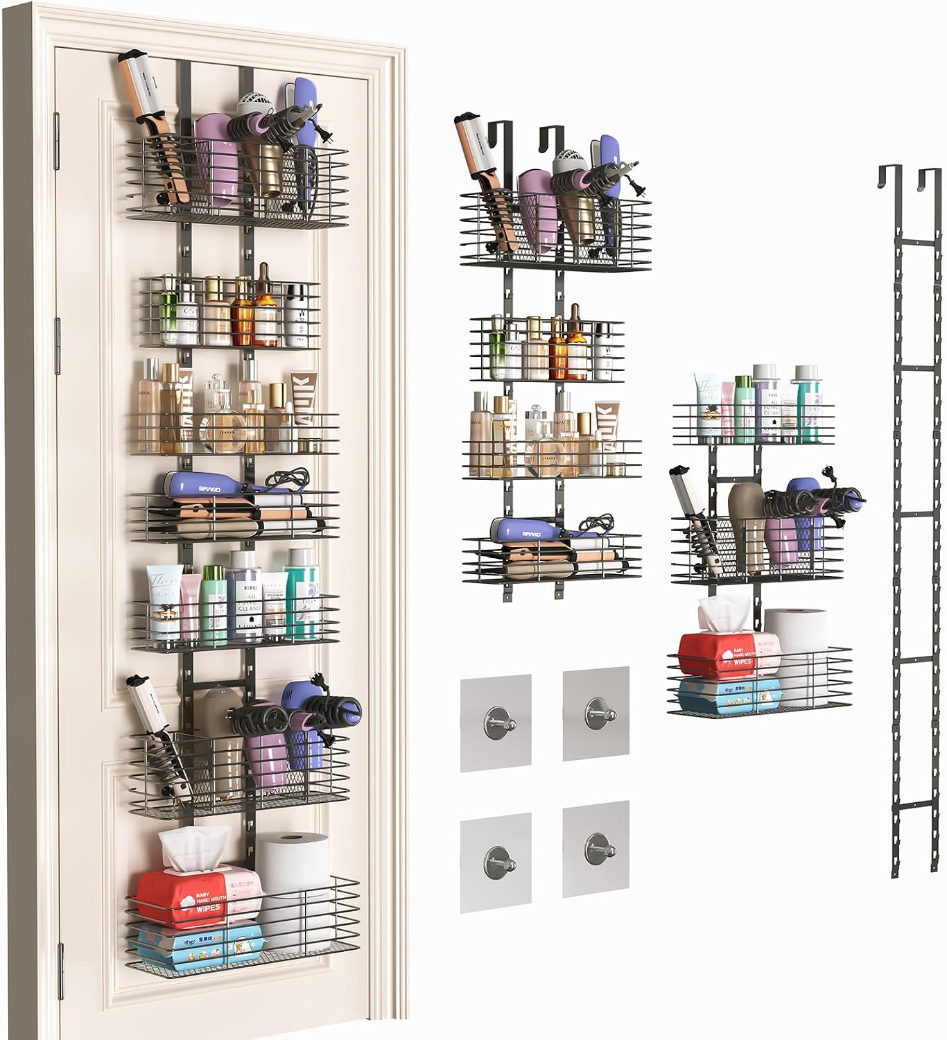 Yuyetuyo 7-Tier Over The Door Organizer, Shower Caddy Hanging &Wall Mounted Hair Tool Organizer/Hair Dryer Holder Adjustable, Behind Door Storage for Bathroom Bedroom Closet Cabinet Pantry Kitchen