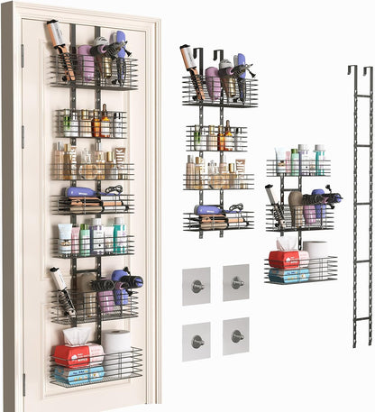 Yuyetuyo 7-Tier Over The Door Organizer, Shower Caddy Hanging &Wall Mounted Hair Tool Organizer/Hair Dryer Holder Adjustable, Behind Door Storage for Bathroom Bedroom Closet Cabinet Pantry Kitchen