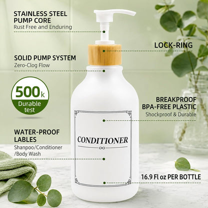 Shampoo and Conditioner Dispenser 3 Chamber Set,Soap Pump Bottles | No Drill Wall Mounted,Refillable Bathroom Body Wash Dispensers with Waterproof Labels,Clear