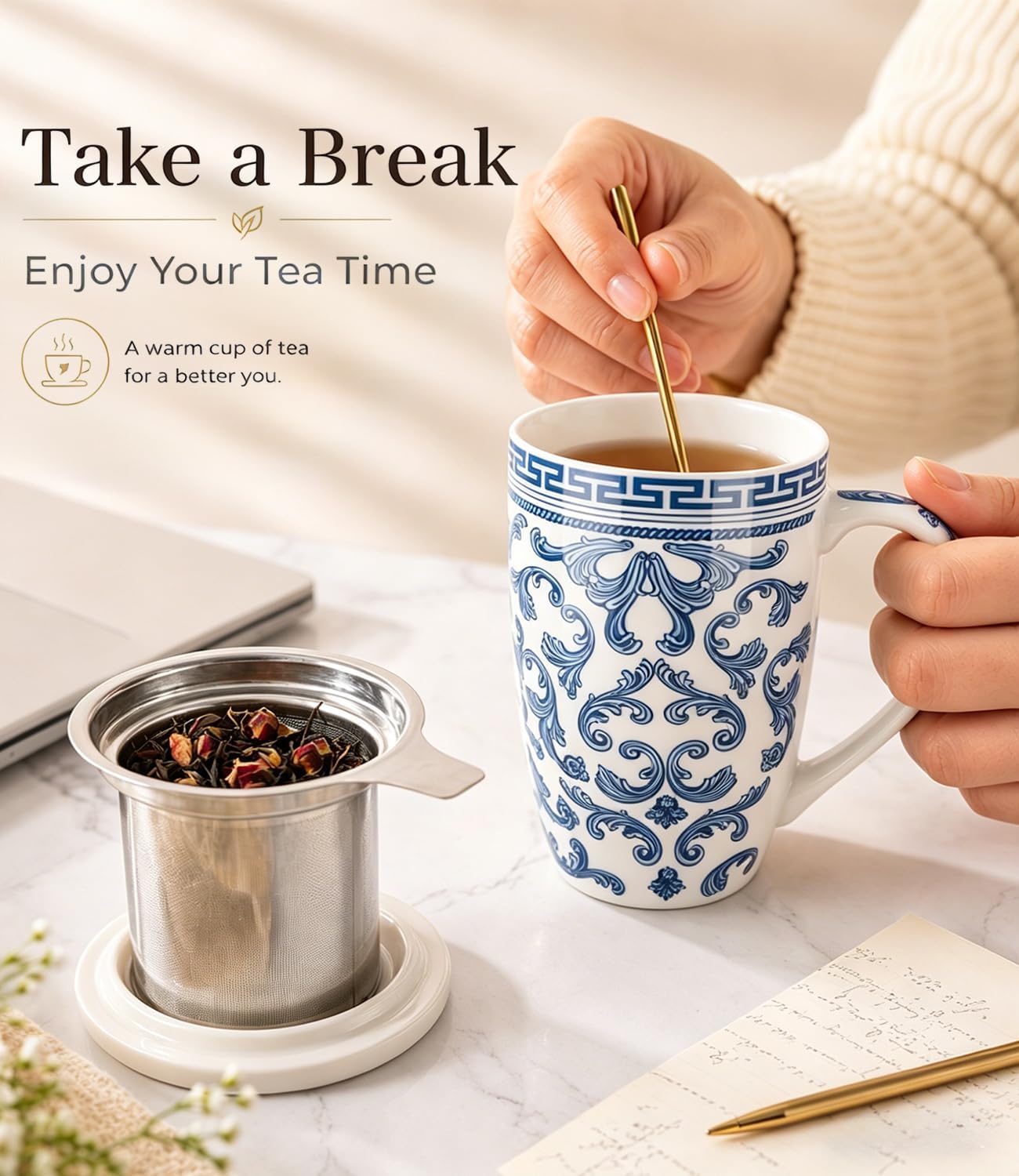 AmorArc Tea Cup With Infuser and Lid, 18oz Loose Leaf Tea Mug With Steeper | Porcelain Tea Mug With Infuser and Lid, Strainer Tea Cup for Tea Lovers, Home & Office, Housewarming Birthday Gift