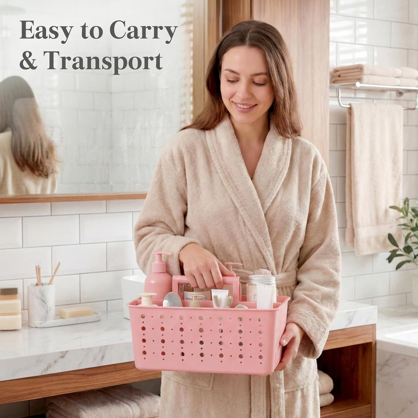 Lifewit Portable Shower Caddy, Plastic Basket Organizer, 1 Pack, Pink | Sturdy ABS plastic, Removable Compartment, Drain Design, College Dorm Room Essentials with Handle, for Bathroom, Toiletry