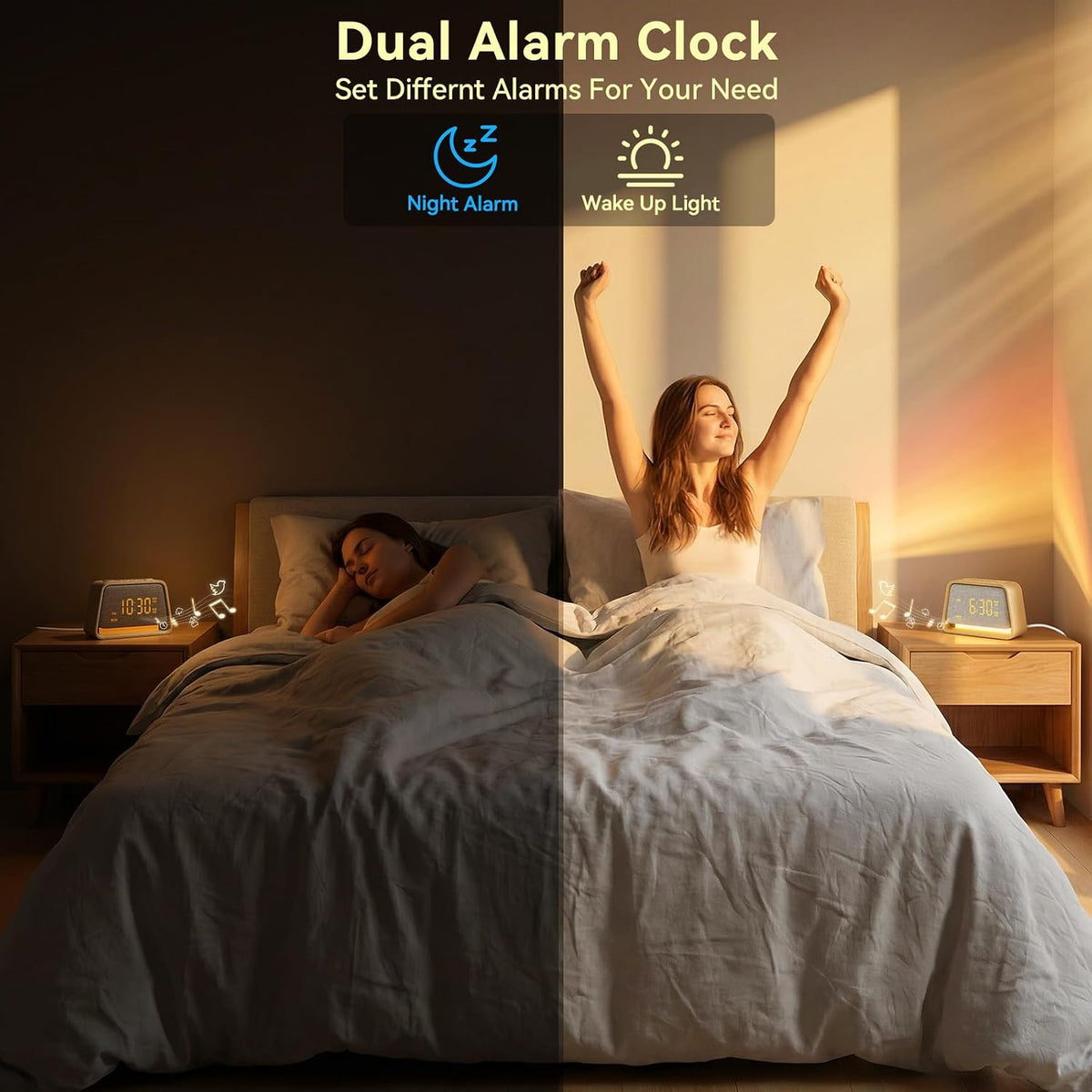Vivilumens Dual Alarm Clock Wooden 20 White Noise Sound Machine