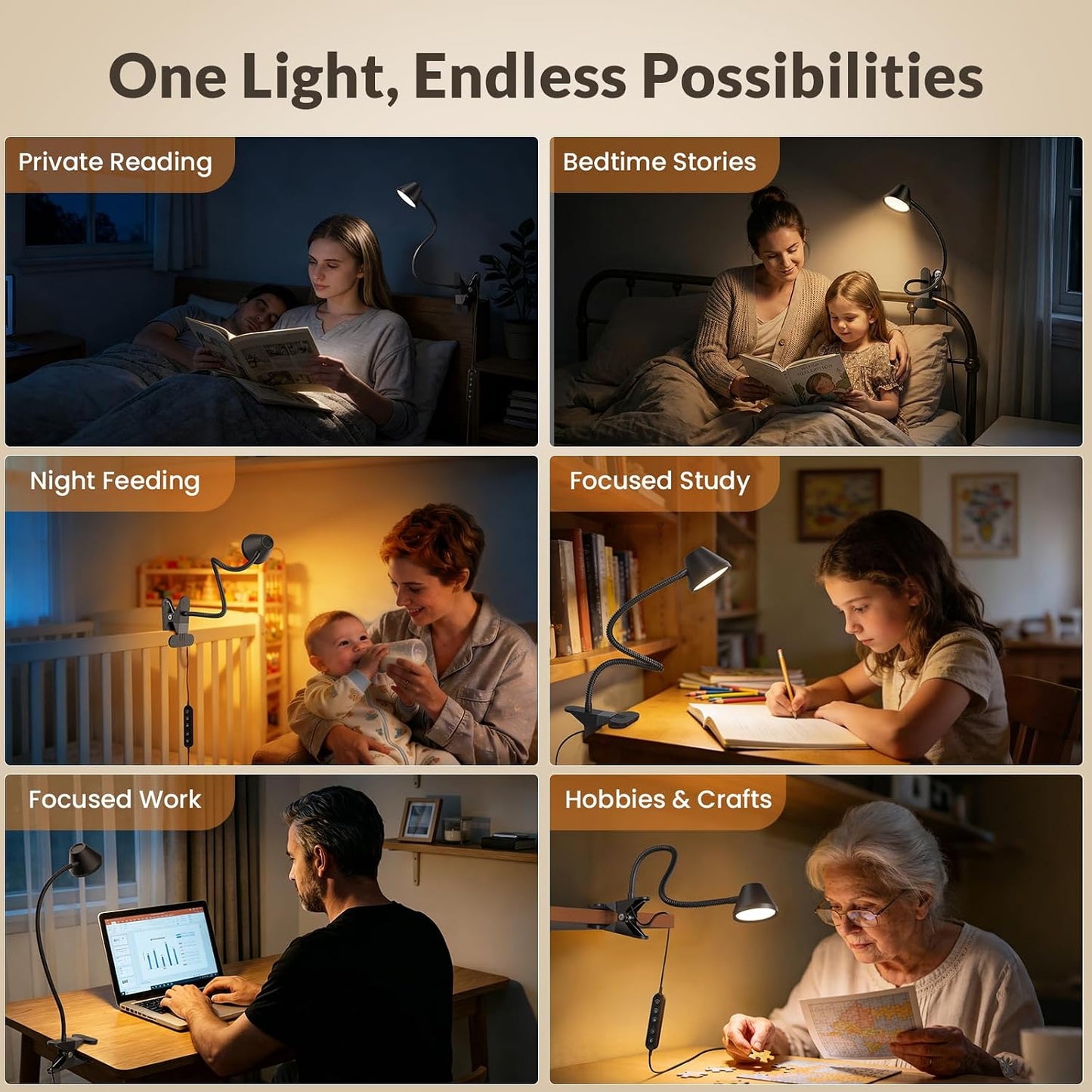 LEPOWER Clip on Light, Reading Lights for Books in Bed, 400LM, RG0 Eye-Care | 5 Colors & Stepless Dimming, Amber Glow Light & Auto Timer, Up to 2.3" Strong Clamp with Adapter for Headboard, Bedside, Desk