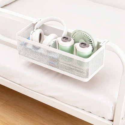 STARVAST 1 Pc Bedside Caddy Shelf, White Bed Shelf for Bunk Bed, Carbon Steel Dorm Room Essentials Organizer with 2 Hooks for Phone, Books, Snacks, Headphones and Rails