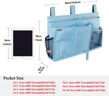Surblue Bedside Caddy Hanging Organizer Storage Bag Pocket for Bunk, Hospital, College Dorm Rooms, Baby Bed Rails, Camp - 4 Pockets, 2 Hooks (Blue)