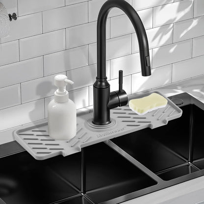 Silicone Faucet Mat for Kitchen Sink – Gen 2 Splash Guard with Upgraded Outlet & Slope – 18” x 5.1” Water Catcher & Sink Sponge Holder for Kitchen and Bathroom (Black)