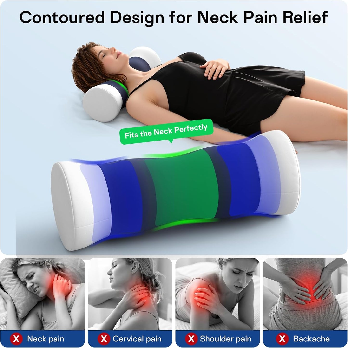 Neck Roll Pillow - Cooling Cover Round Neck Pillow for Sleeping - Memory Foam Cervical Support Pillow - Ergonomic Cylinder Pillows for Neck, Leg, Back, Yoga, Relaxing (Blue Grey)