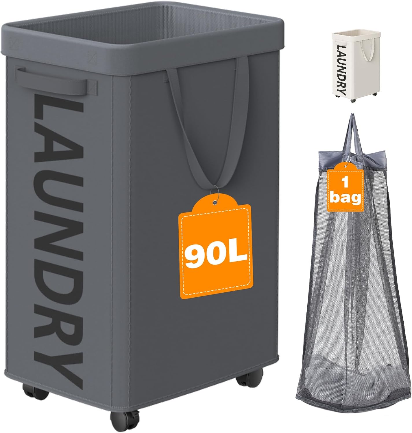 Optish Laundry Basket with Wheels, 90L Rolling Laundry Hamper with Wheels, Large Clothes Hamper on Wheel with Removable Mesh Bag for Bedroom, Dorm Room Essentials, Black