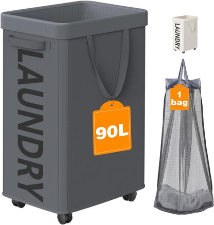 Optish Laundry Basket with Wheels, 90L Rolling Laundry Hamper with Wheels, Large Clothes Hamper on Wheel with Removable Mesh Bag for Bedroom, Dorm Room Essentials, Black