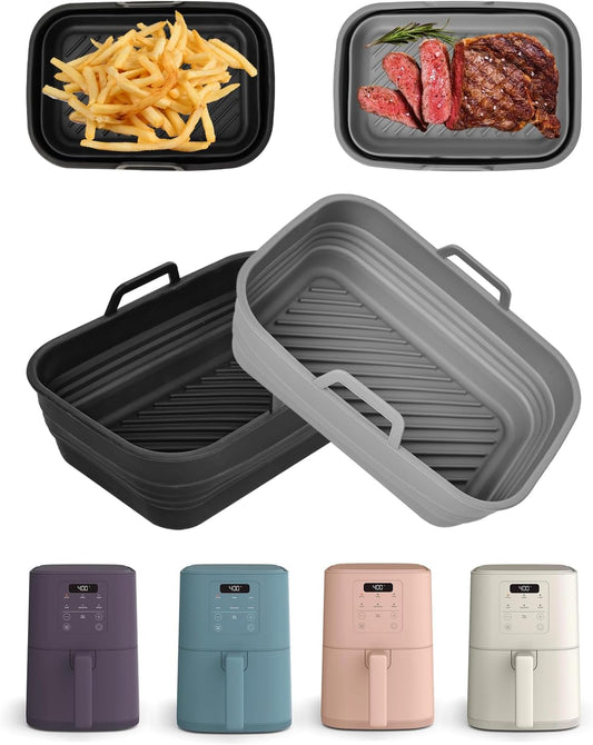 Air Fryer Silicone Liners Collapsible for bella 6Qt(5lb) Slim Air Fryer | 2-Pack Reusable Airfryer Silicone Pot Baking Basket Insert Accessories, Non Stick, Easy Cleaning, Gray+Black