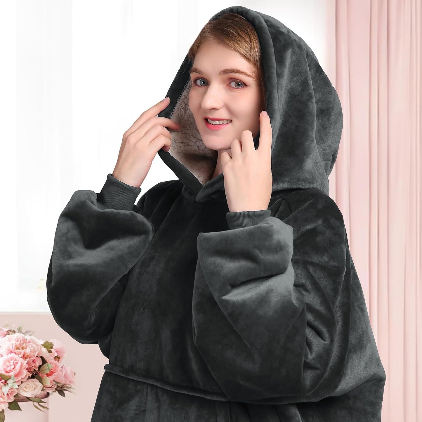 Wearable Blanket Sweatshirt Gifts for Women and Men, Warm and Cozy Giant Blanket Hoodie, Thick Flannel Blanket with Sleeves and Giant Pocket - Dark Gray