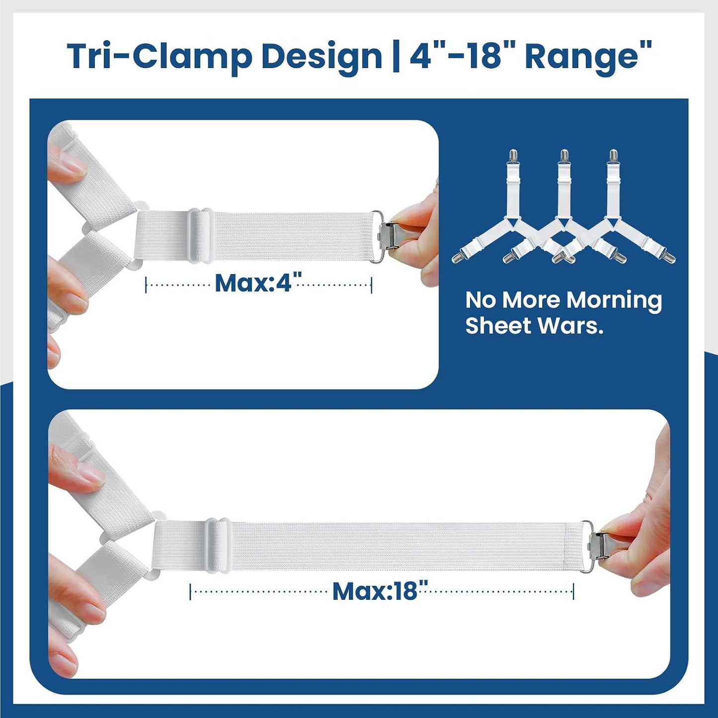 FeelAtHome Adjustable Bed Sheet Clips & Corner Fasteners, 4 Pack, White | Heavy Duty Elastic Straps Keep Fitted Sheets Securely in Place. Ideal Corner Holders for Twin, Queen, King, RV & Bunk Beds