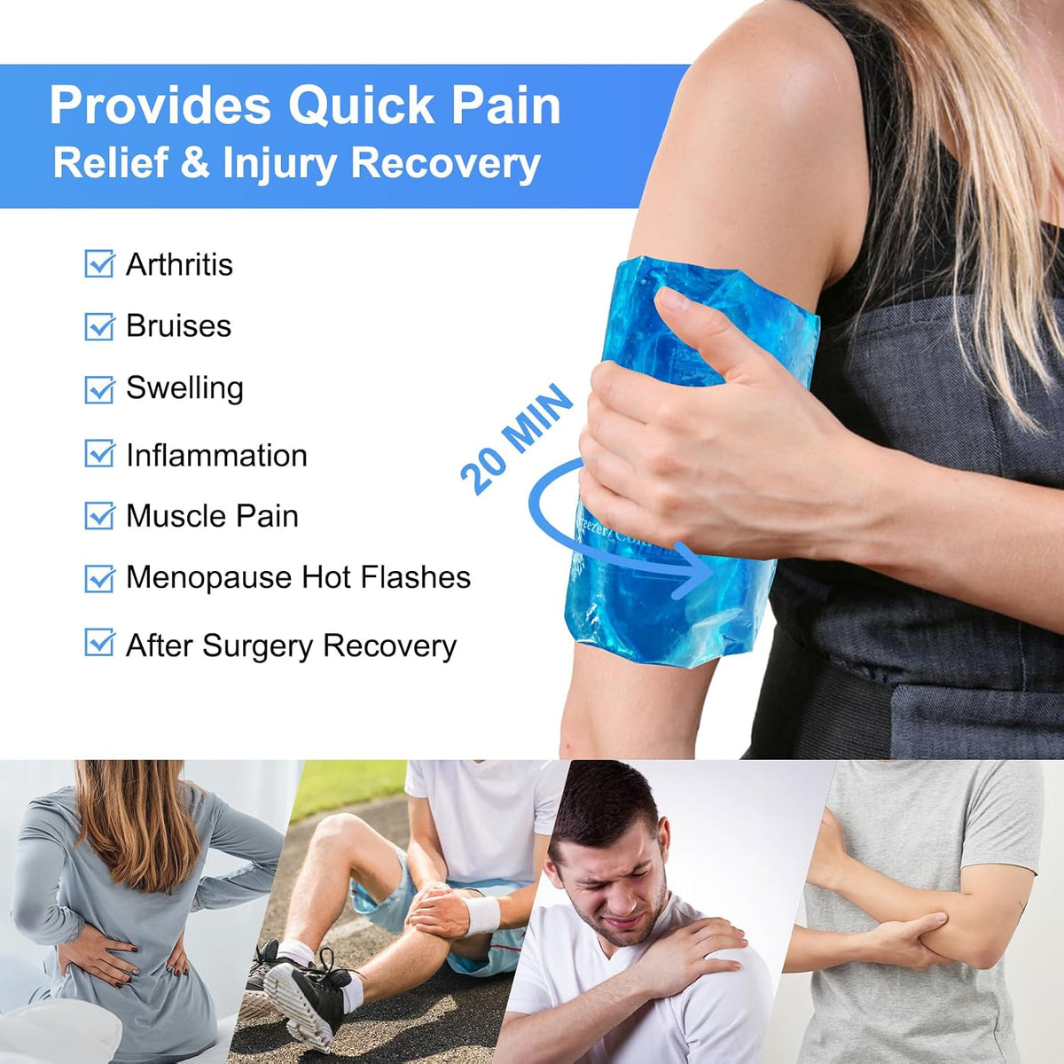 Gel Soft Flexible Ice Packs for Injuries, Reusable Cold Pack, Hot Cold Compress for Joint&Muscle Pain, Surgery Recovery, Inflammation, Swelling, Face, Head, Wrist, Ankle&Foot Injury, -5.1"x6.3"