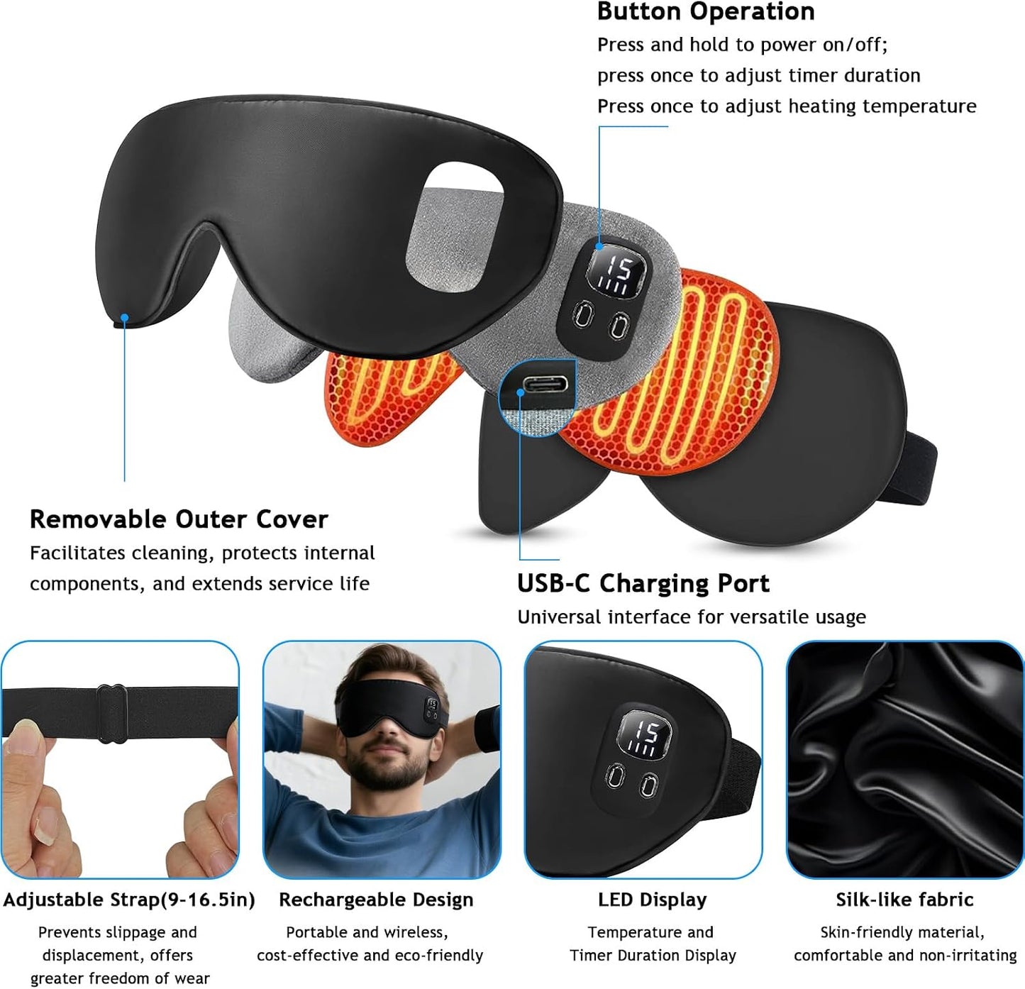 Rechargeable Heated Eye Mask | Warm Compress Sleep Mask for Dry-Feeling Eyes, 4 Heat Levels, 15–60 Min Timer, USB-C, Light Blocking, Washable Cover