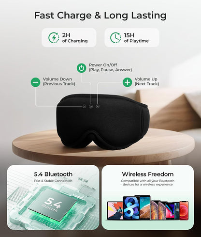 MUSICOZY Sleep Mask Headphones with Bluetooth Wireless Eye Masks Earphones | 3D Blackout Eyemask with Music Headphone for Side Sleepers, Hi-Fi Sound＆Long Battery Life Sleeping Earbuds for Travel Rest